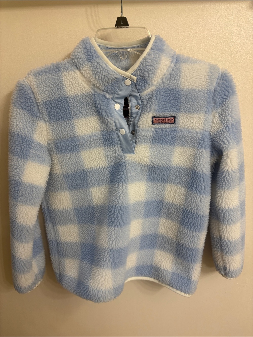 Vineyard Vines Kids Light Blue & White Check Sherpa Snap Pullover